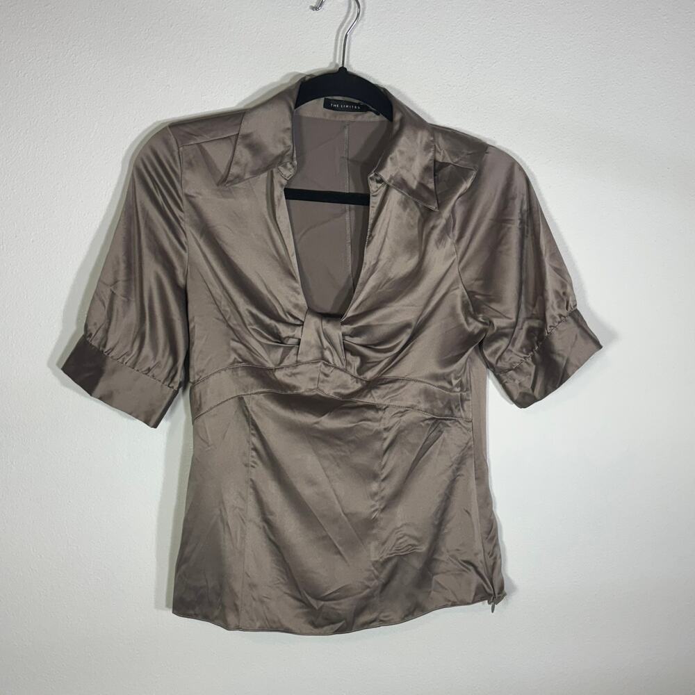 The Limited Satin Taupe Short Sleeve Blouse Twist Front Career Top Small